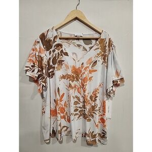 Calvin Klein NWT Blouse Womens‎ 3X White, Shirt Sleeve Floral Print, V-neck